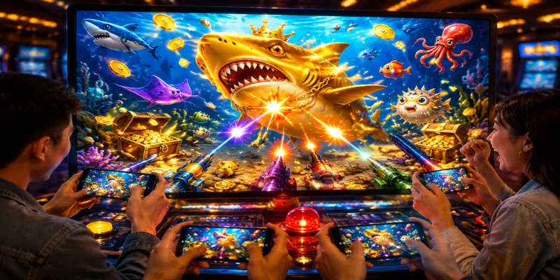 Giao diện sảnh chơi bắn cá jackpot sống động với hàng loạt sinh vật biển mang hũ thưởng lớn