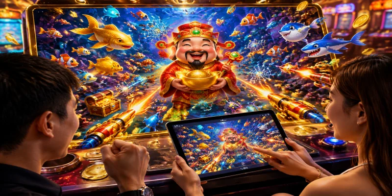 Giao diện sảnh cược bắn cá thần tài với đồ họa 3D sắc nét và hệ thống giải thưởng hũ vàng tại nhà cái VN88