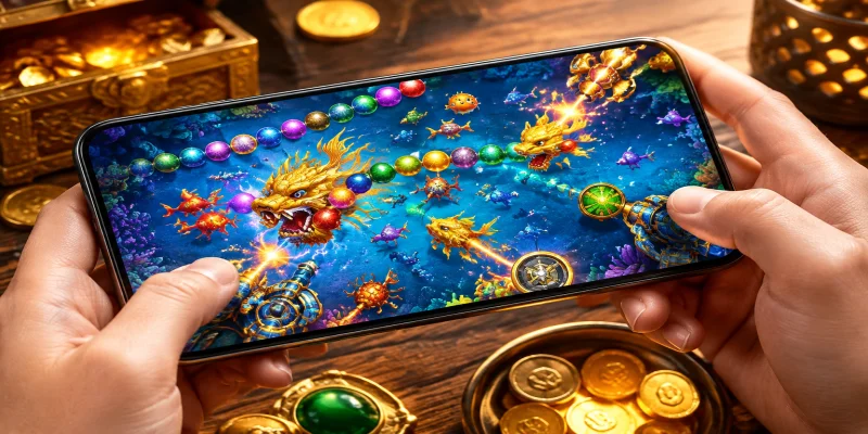 Giao diện sinh động của trò chơi bắn cá rồng zuma với các đường ray bong bóng đầy màu sắc